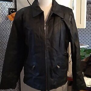 Kathy Ireland large leather moto jacket black
